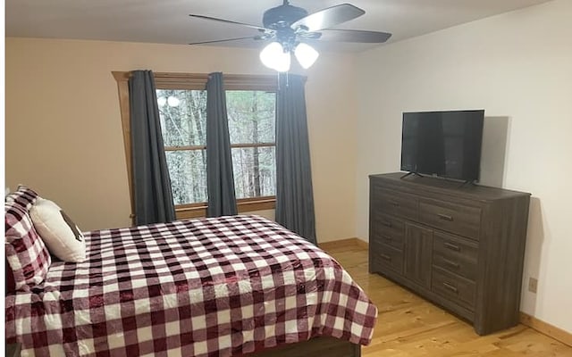 bedroom with ceiling fan and light wood-type flooring