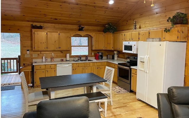 kitchen with lofted ceiling, white appliances, wooden ceiling, sink, and light wood-type flooring