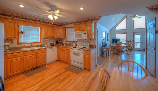 kitchen featuring white appliances, ceiling fan, sink, and light wood-type flooring