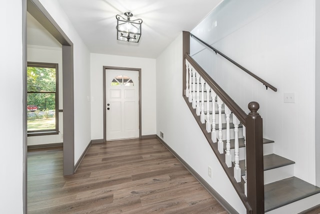 foyer entrance with dark hardwood / wood-style flooring