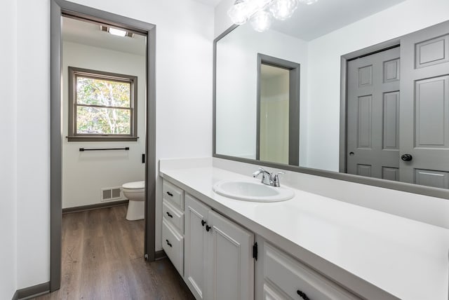 bathroom featuring hardwood / wood-style floors, vanity, and toilet