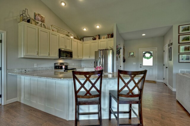 kitchen with vaulted ceiling, dark wood-style flooring, stainless steel appliances, and a peninsula