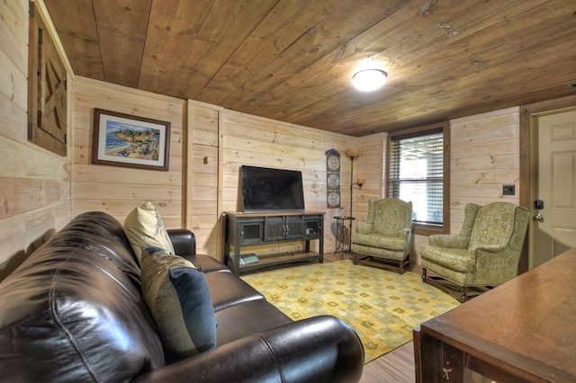 living room with wooden ceiling, wooden walls, and wood finished floors