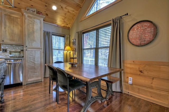 dining space featuring lofted ceiling, dark wood-style flooring, wood ceiling, and a healthy amount of sunlight