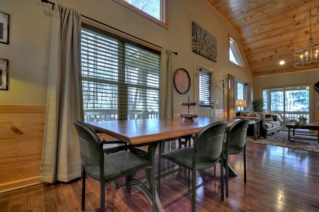 dining room with wooden ceiling, an inviting chandelier, high vaulted ceiling, and hardwood / wood-style floors