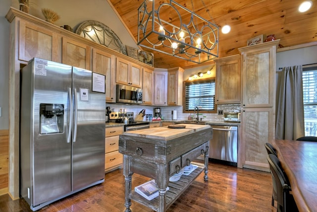 kitchen with wood ceiling, butcher block countertops, appliances with stainless steel finishes, vaulted ceiling, and backsplash