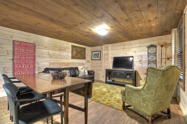 living area featuring wooden ceiling, wood finished floors, and wooden walls