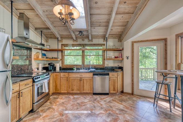 50 Rustic Rdg, Blue Ridge, GA 30513 - kitchen with open shelves, appliances with stainless steel finishes, wooden ceiling with exposed beams, healthy amount of natural light, and wall chimney exhaust hood