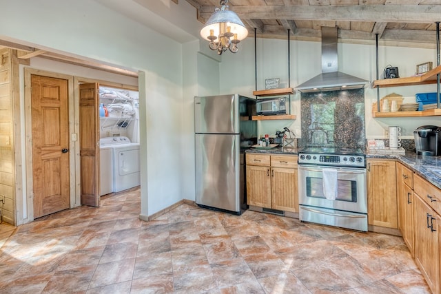 50 Rustic Rdg, Blue Ridge, GA 30513 - kitchen featuring stainless steel appliances, wall chimney exhaust hood, open shelves, independent washer and dryer, and a chandelier