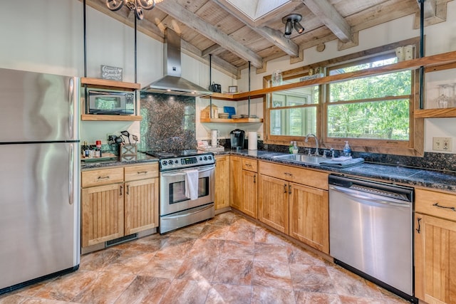 50 Rustic Rdg, Blue Ridge, GA 30513 - kitchen featuring stainless steel appliances, open shelves, wall chimney exhaust hood, wood ceiling, and a sink