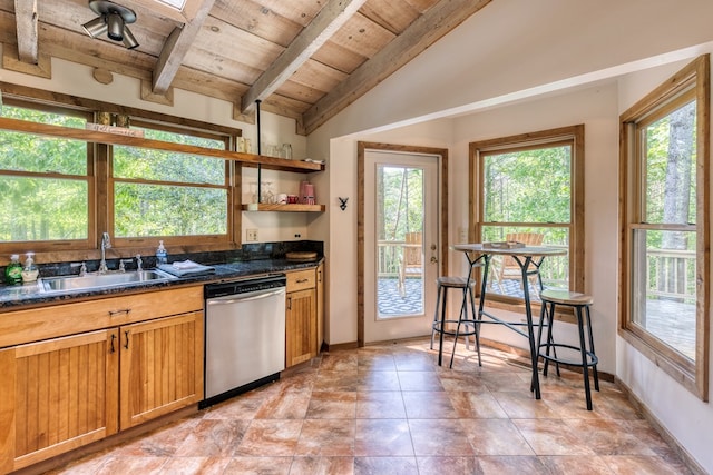 50 Rustic Rdg, Blue Ridge, GA 30513 - kitchen with dishwasher, a sink, wood ceiling, dark countertops, and open shelves
