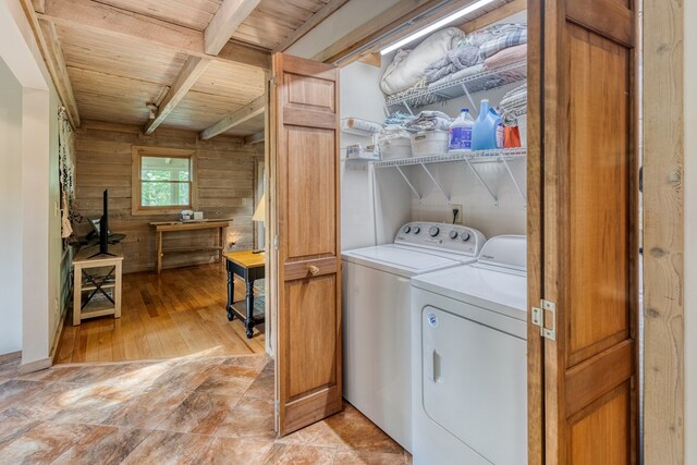 50 Rustic Rdg, Blue Ridge, GA 30513 - laundry room with washer and clothes dryer, wooden ceiling, and wood walls