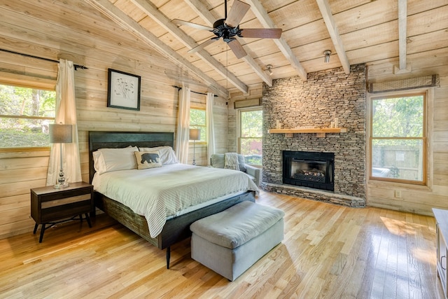 50 Rustic Rdg, Blue Ridge, GA 30513 - bedroom with a stone fireplace, wood ceiling, wooden walls, and wood-type flooring