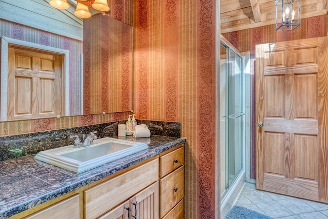 50 Rustic Rdg, Blue Ridge, GA 30513 - full bath with vanity, a stall shower, tile patterned floors, and wallpapered walls