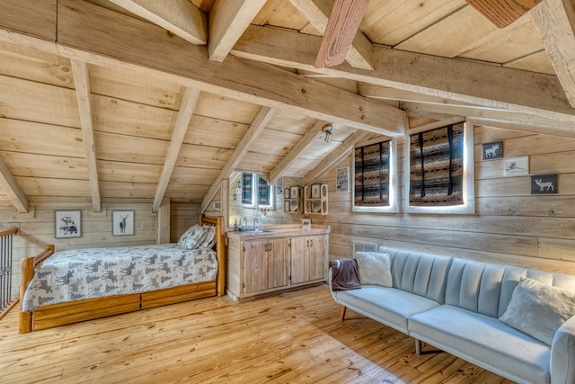 50 Rustic Rdg, Blue Ridge, GA 30513 - bedroom featuring wood walls, wood ceiling, and light wood-type flooring