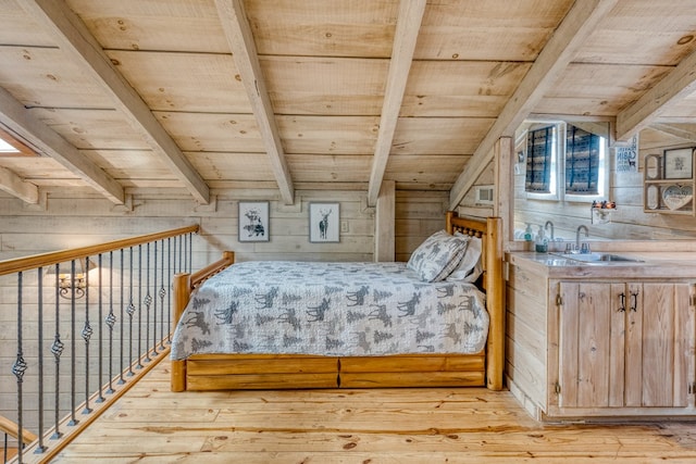 50 Rustic Rdg, Blue Ridge, GA 30513 - bedroom featuring wooden ceiling with exposed beams, wood walls, light wood finished floors, and a sink