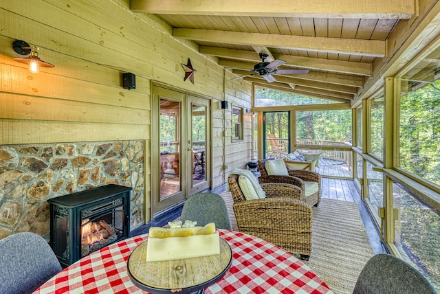 50 Rustic Rdg, Blue Ridge, GA 30513 - sunroom featuring french doors, ceiling fan, and a fireplace