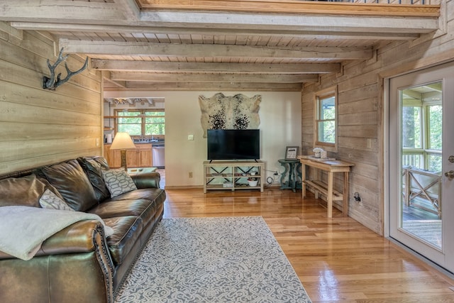 50 Rustic Rdg, Blue Ridge, GA 30513 - living room with wood ceiling with exposed beams, wood walls, plenty of natural light, and wood finished floors