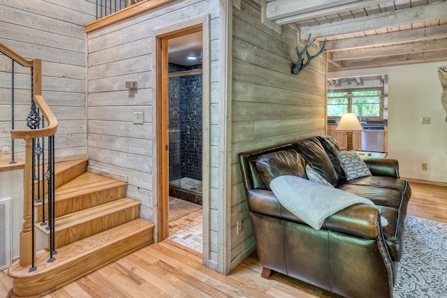 50 Rustic Rdg, Blue Ridge, GA 30513 - stairs featuring wooden walls, wood finished floors, and wood ceiling with exposed beams