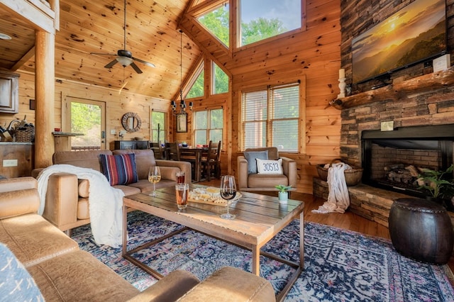 living room with wooden ceiling, wood-type flooring, a fireplace, and wood walls