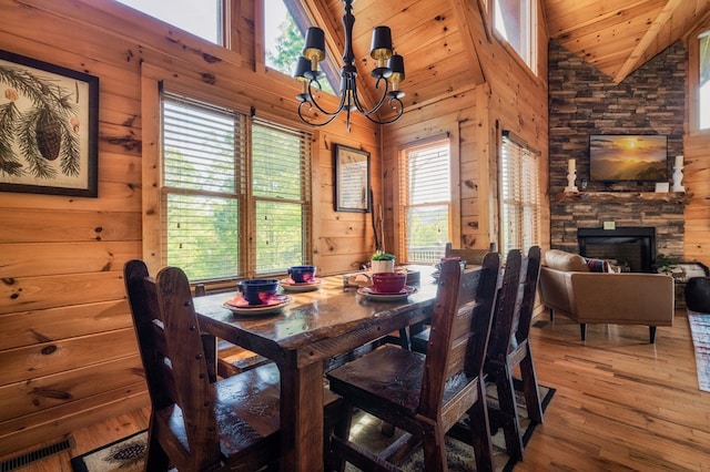 dining room with hardwood / wood-style floors, a fireplace, wood walls, a notable chandelier, and wooden ceiling