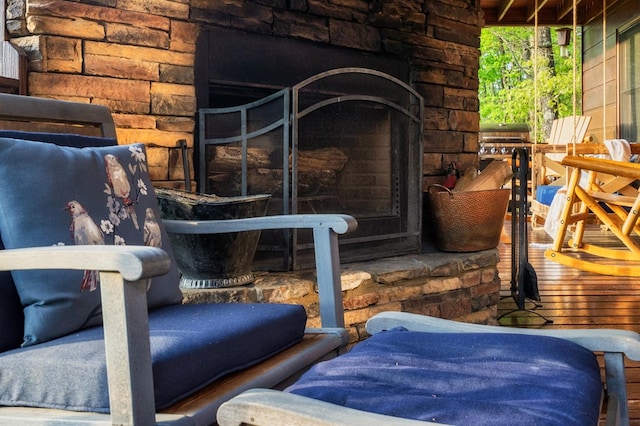 details featuring an outdoor stone fireplace