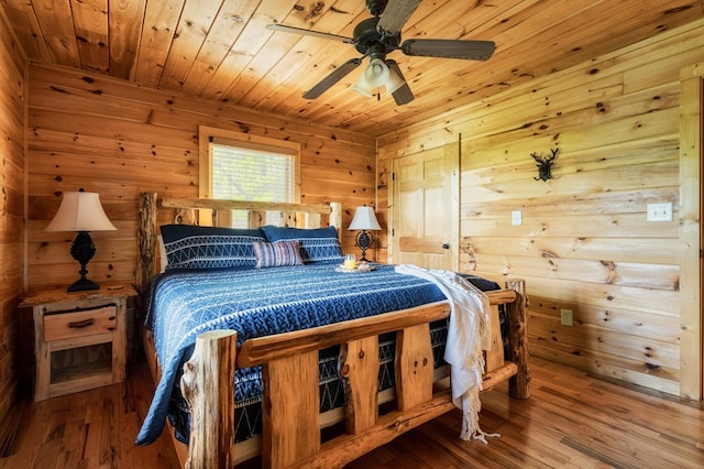 bedroom featuring hardwood / wood-style flooring, wooden ceiling, ceiling fan, and wood walls