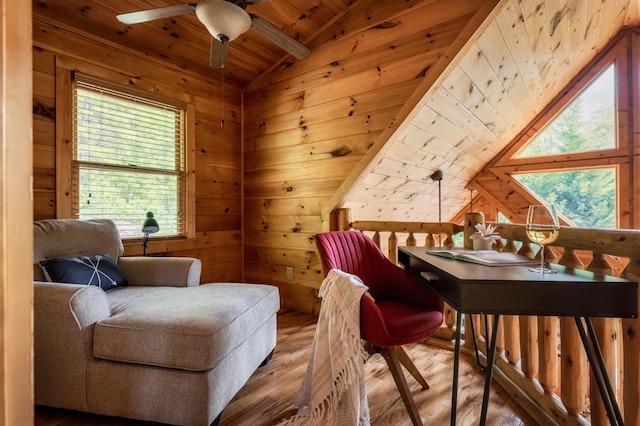 living area featuring lofted ceiling, wooden walls, and wood ceiling