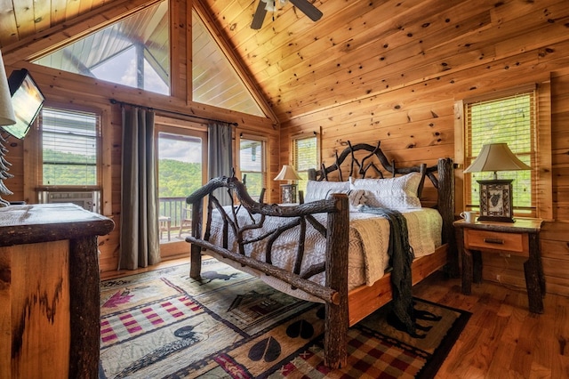 bedroom with access to exterior, dark wood-type flooring, wooden walls, and wooden ceiling