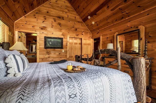 bedroom featuring wood ceiling, high vaulted ceiling, and wood walls