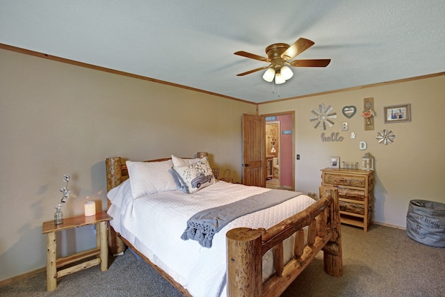 bedroom with baseboards, a ceiling fan, carpet, and ornamental molding
