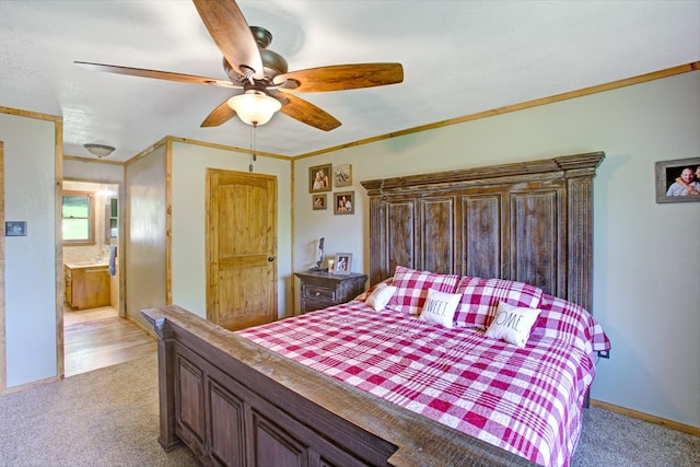bedroom featuring ceiling fan and light carpet