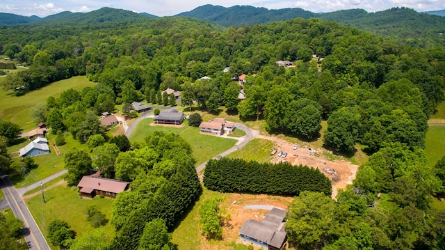 drone / aerial view featuring a mountain view and a forest view