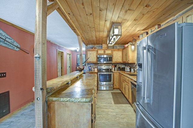 kitchen featuring visible vents, wooden ceiling, tasteful backsplash, light wood-style flooring, and appliances with stainless steel finishes