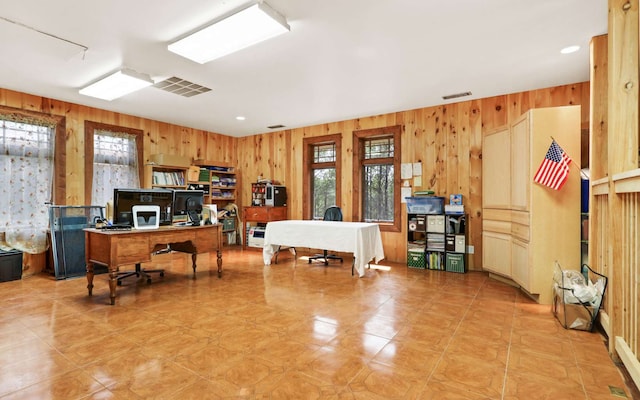 tiled office featuring wooden walls