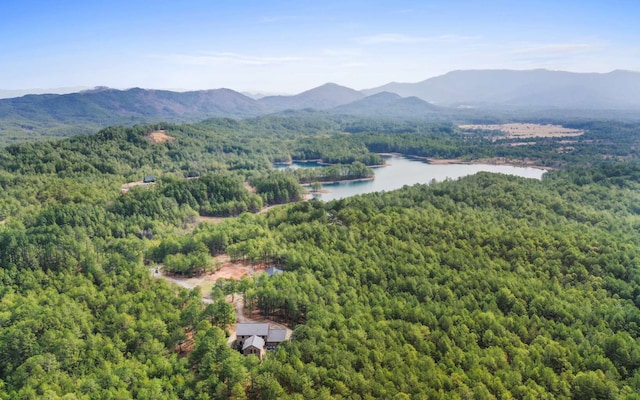 bird's eye view featuring a water and mountain view