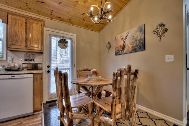 dining space featuring a chandelier, light wood-type flooring, lofted ceiling, and wood ceiling