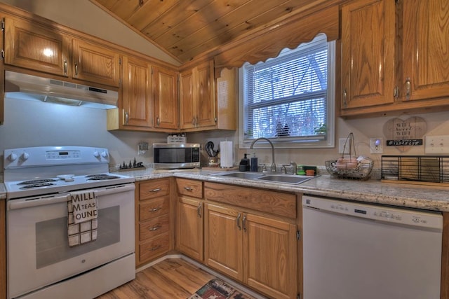 kitchen featuring sink, wooden ceiling, vaulted ceiling, white appliances, and light wood-type flooring