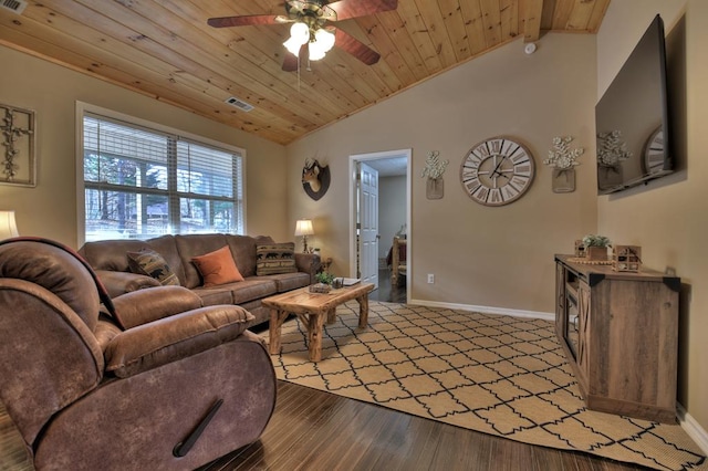 living room with hardwood / wood-style floors, lofted ceiling with beams, ceiling fan, and wooden ceiling