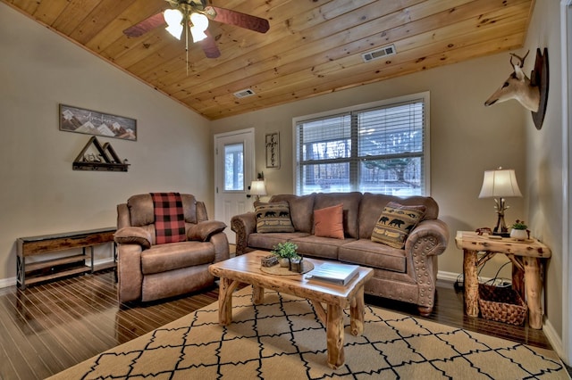 living room with hardwood / wood-style floors, wooden ceiling, ceiling fan, and lofted ceiling