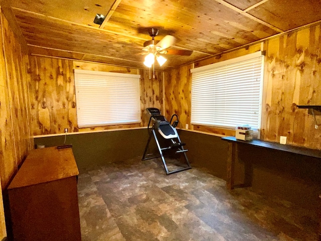 37 Shady Creek Rdg, Marble, NC 28905 - interior space with wooden ceiling, wood walls, and ceiling fan