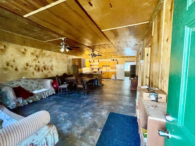 37 Shady Creek Rdg, Marble, NC 28905 - living room with wood ceiling, concrete flooring, and ceiling fan