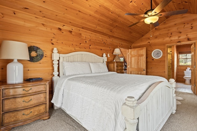 bedroom featuring ceiling fan, wood walls, vaulted ceiling, light carpet, and wooden ceiling