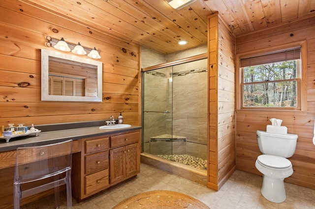 bathroom featuring a shower stall, toilet, wooden ceiling, and wood walls