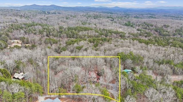 birds eye view of property featuring a forest view and a mountain view