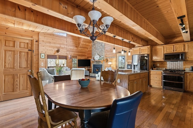 dining area featuring light wood-type flooring, wooden walls, an inviting chandelier, and wooden ceiling