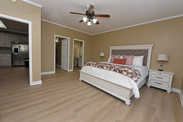 bedroom with ceiling fan, stainless steel fridge, ensuite bath, and light hardwood / wood-style flooring