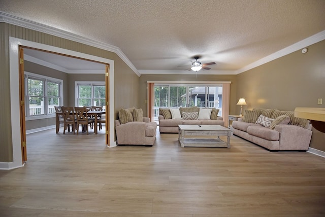 living room featuring ceiling fan, crown molding, a textured ceiling, and light wood-type flooring