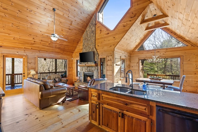 kitchen with high vaulted ceiling, a healthy amount of sunlight, a skylight, and sink