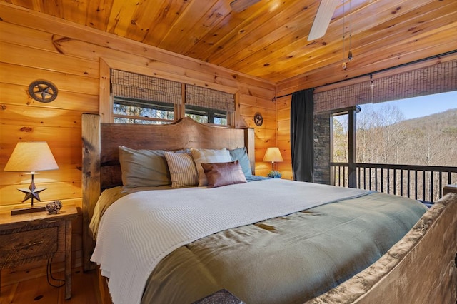 bedroom featuring wood ceiling and wooden walls